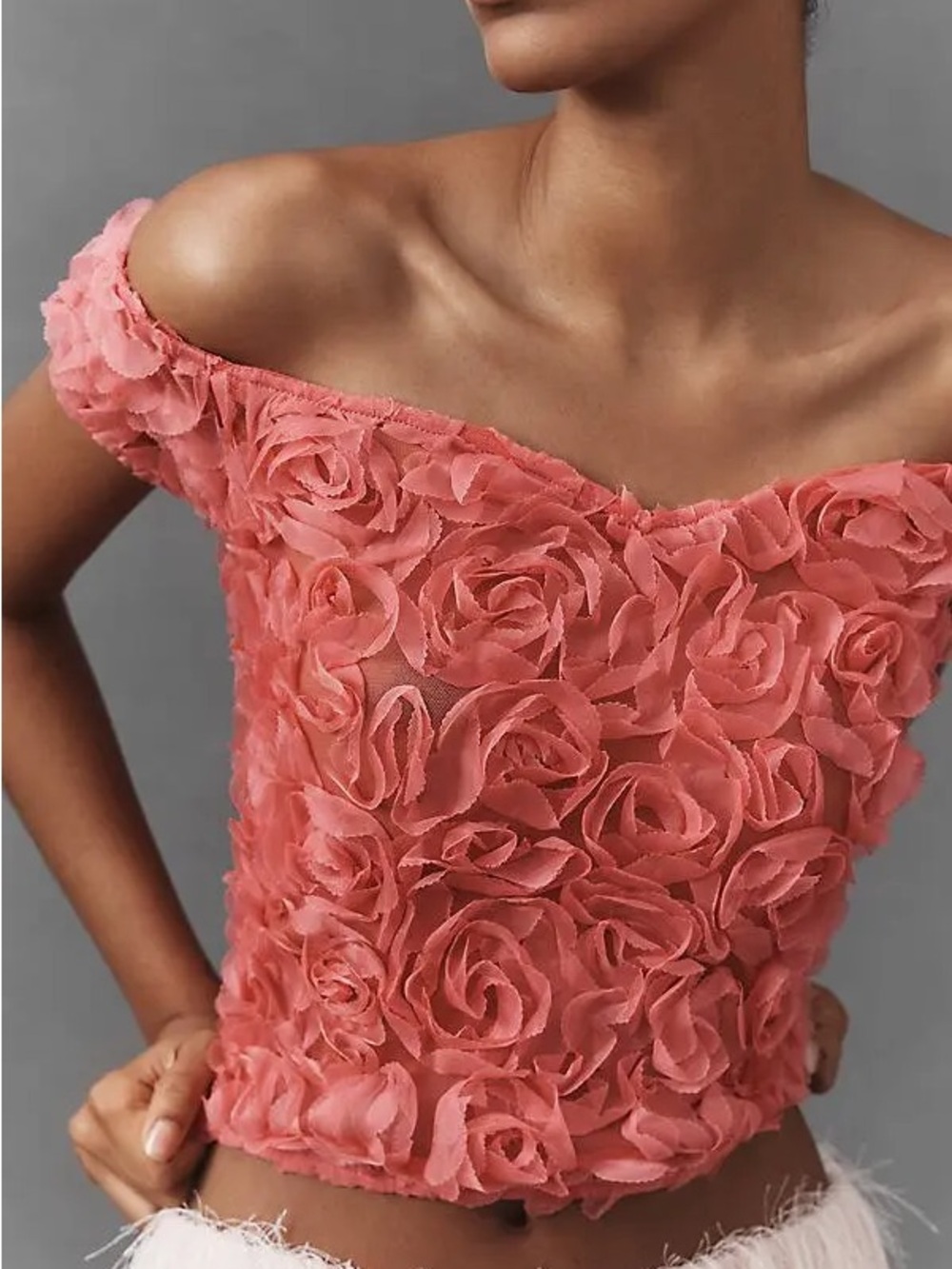 Off-Shoulder Rose Appliqué Crop Top in Coral Pink